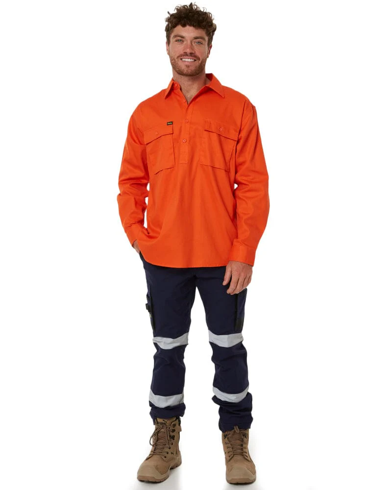Closed Front Mens Cotton Drill LS Shirt - Orange - Image 2