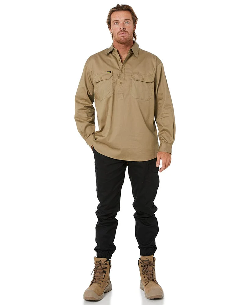 Closed Front Mens Lightweight LS Drill Shirt - Khaki - Image 2