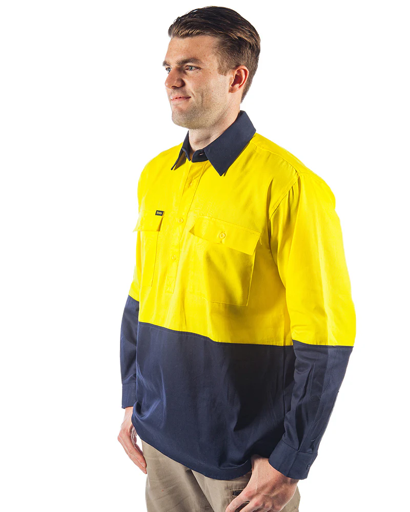 Hi Vis Closed Front LS Shirt - Yellow/Navy - Image 2