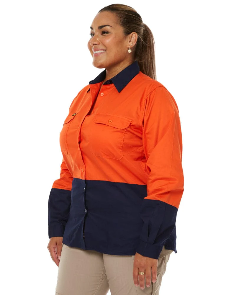 Womens Hi Vis Cool Lightweight LS Drill Shirt - Orange/Navy - Image 3