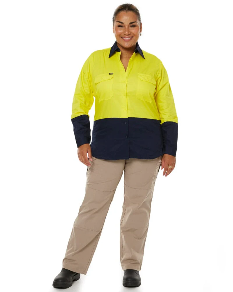 Womens Hi Vis Cool Lightweight LS Drill Shirt - Yellow/Navy - Image 2