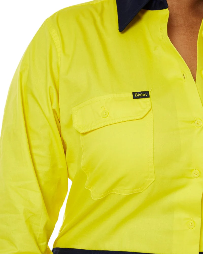 Womens Hi Vis Cool Lightweight LS Drill Shirt - Yellow/Navy - Image 5