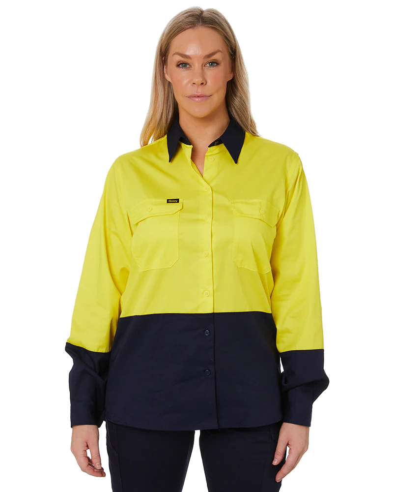Womens Hi Vis Cool Lightweight LS Drill Shirt - Yellow/Navy - Image 6