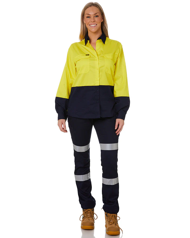 Womens Hi Vis Cool Lightweight LS Drill Shirt - Yellow/Navy - Image 7
