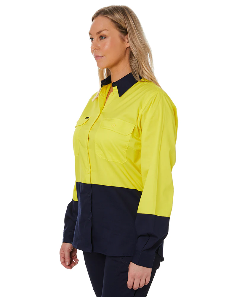 Womens Hi Vis Cool Lightweight LS Drill Shirt - Yellow/Navy - Image 8