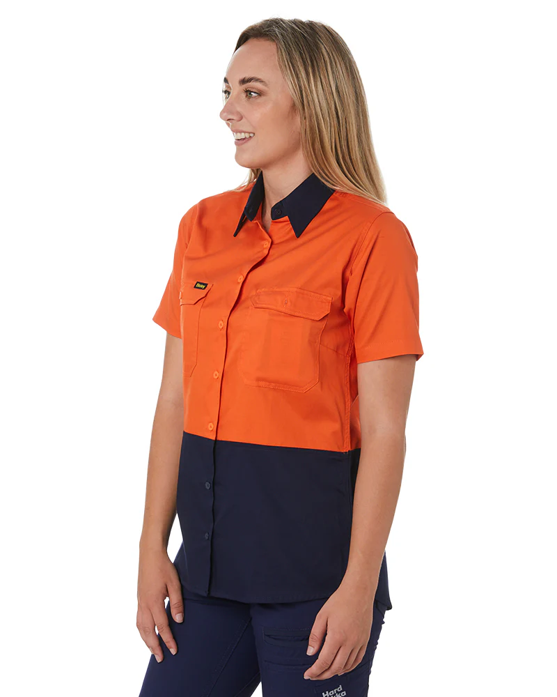 Womens Hi Vis Cool Lightweight SS Drill Shirt - Orange/Navy - Image 3