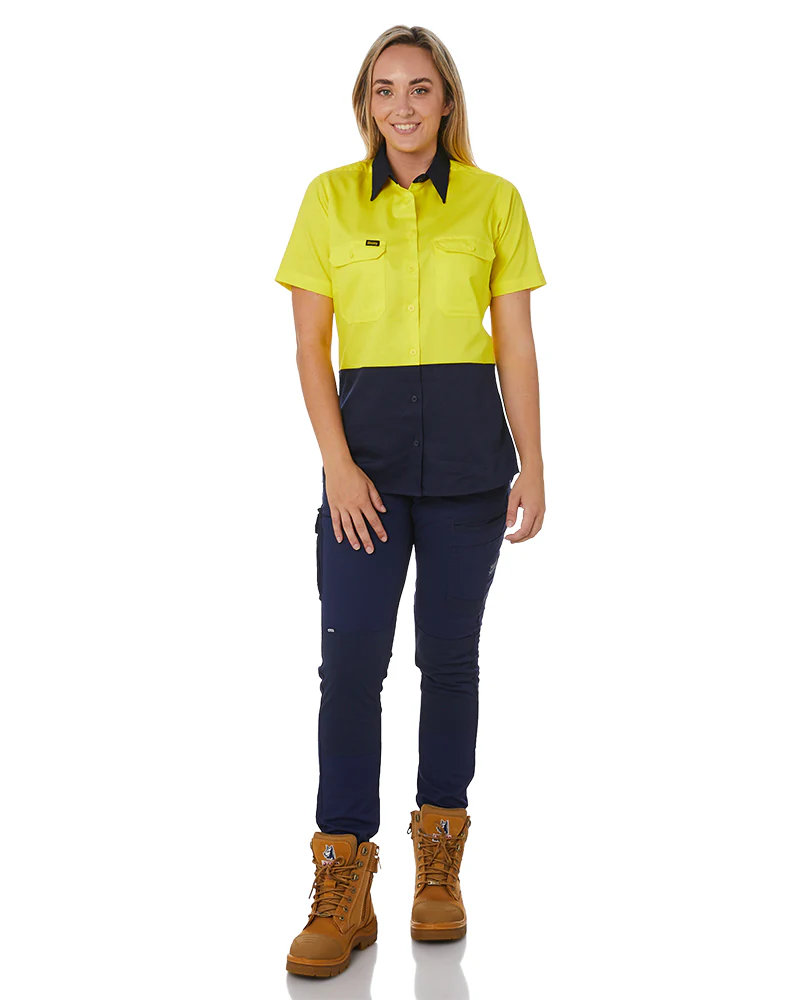 Womens Hi Vis Cool Lightweight SS Drill Shirt - Yellow/Navy - Image 2