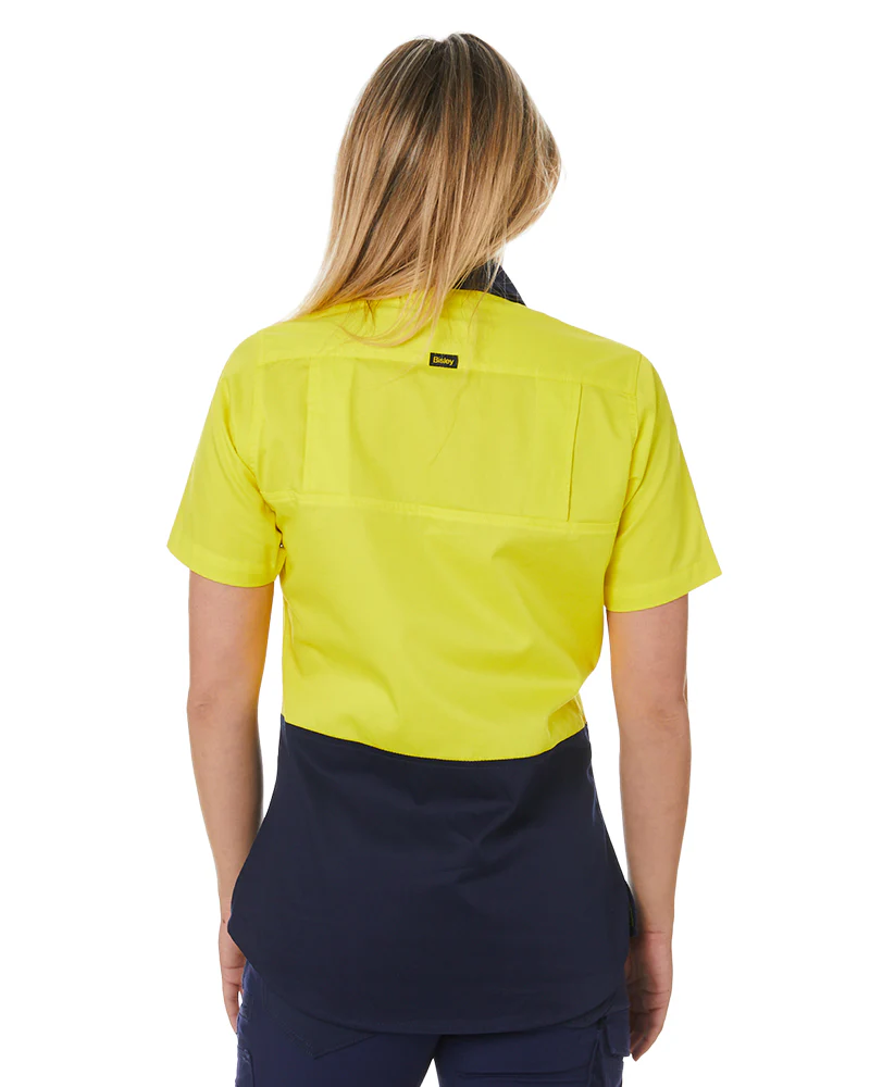 Womens Hi Vis Cool Lightweight SS Drill Shirt - Yellow/Navy - Image 4