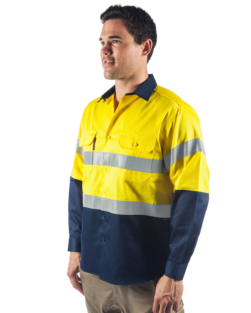 Flame Retardant 2 Tone Cotton Shirt with 3M Tape L/S - Yellow/Navy - Image 2