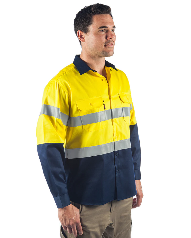 Flame Retardant 2 Tone Cotton Shirt with 3M Tape L/S - Yellow/Navy - Image 4