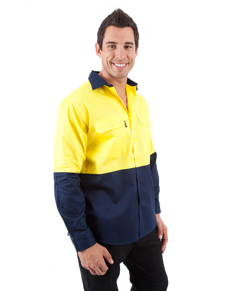 Hi Vis Cool Breeze Cotton Drill Shirt LS - Yellow/Navy - Image 4