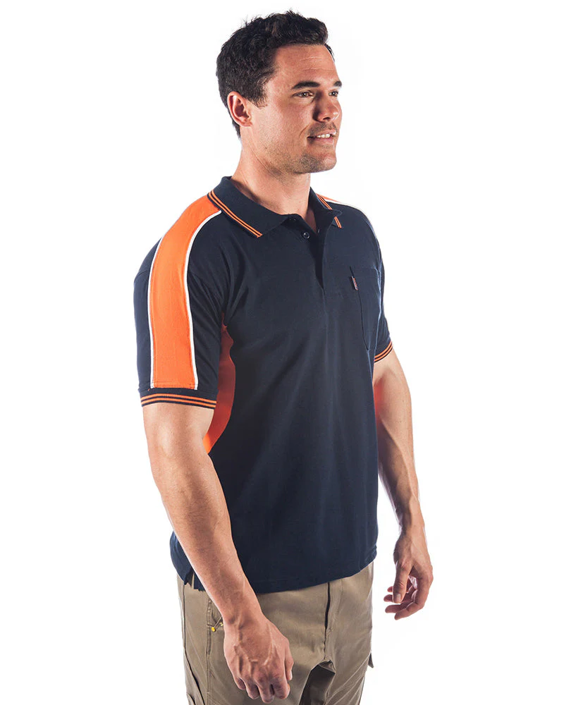 Polyester Cotton Panel Polo Shirt Short Sleeve - Navy/Orange - Image 4