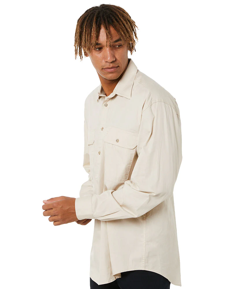 Closed Front Cotton Twill Shirt LS - Stone - Image 3