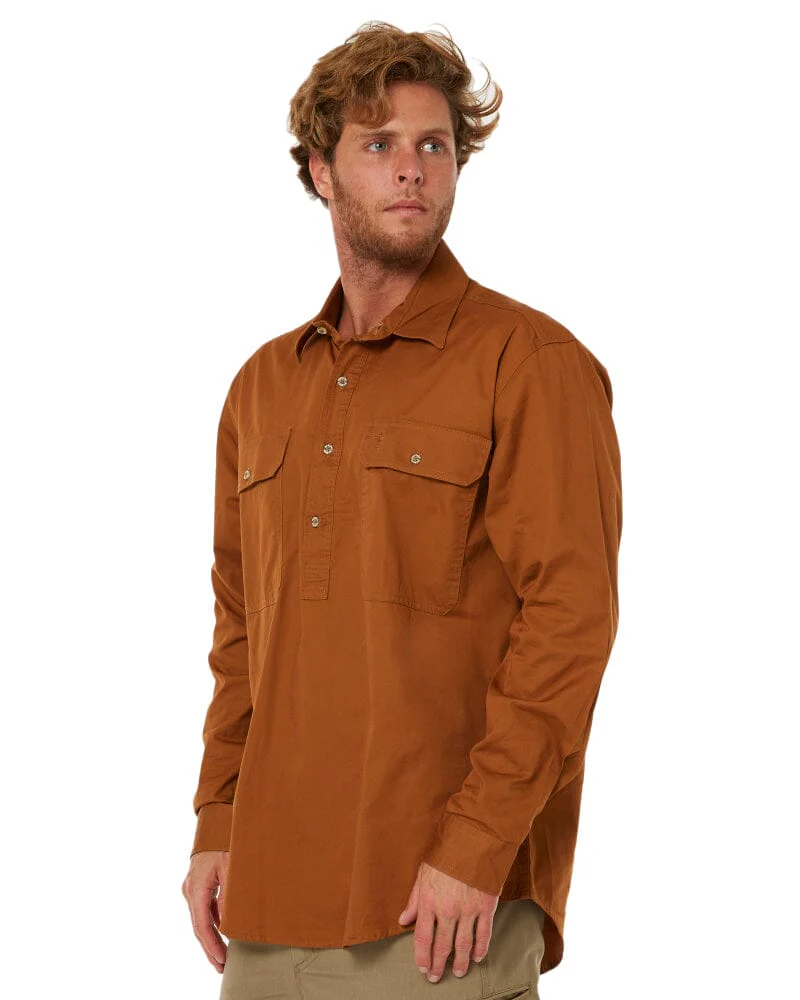 Closed Front Cotton Twill Shirt LS - Terracotta - Image 3