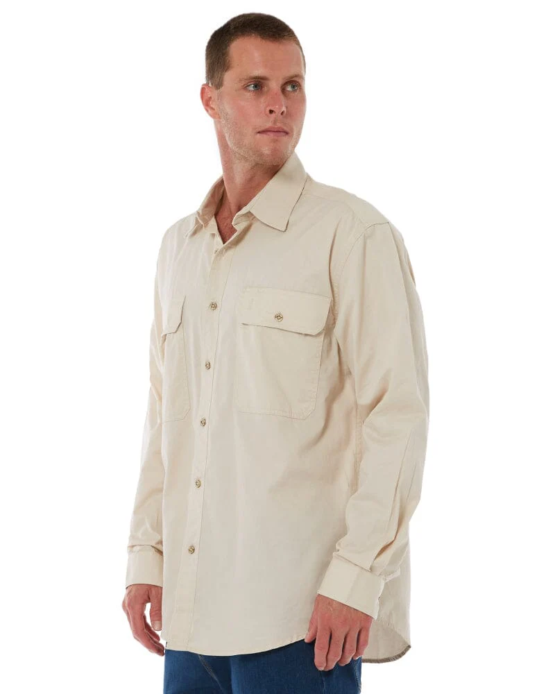 Open Front Cotton Twill LS Shirt - Stone - Image 3