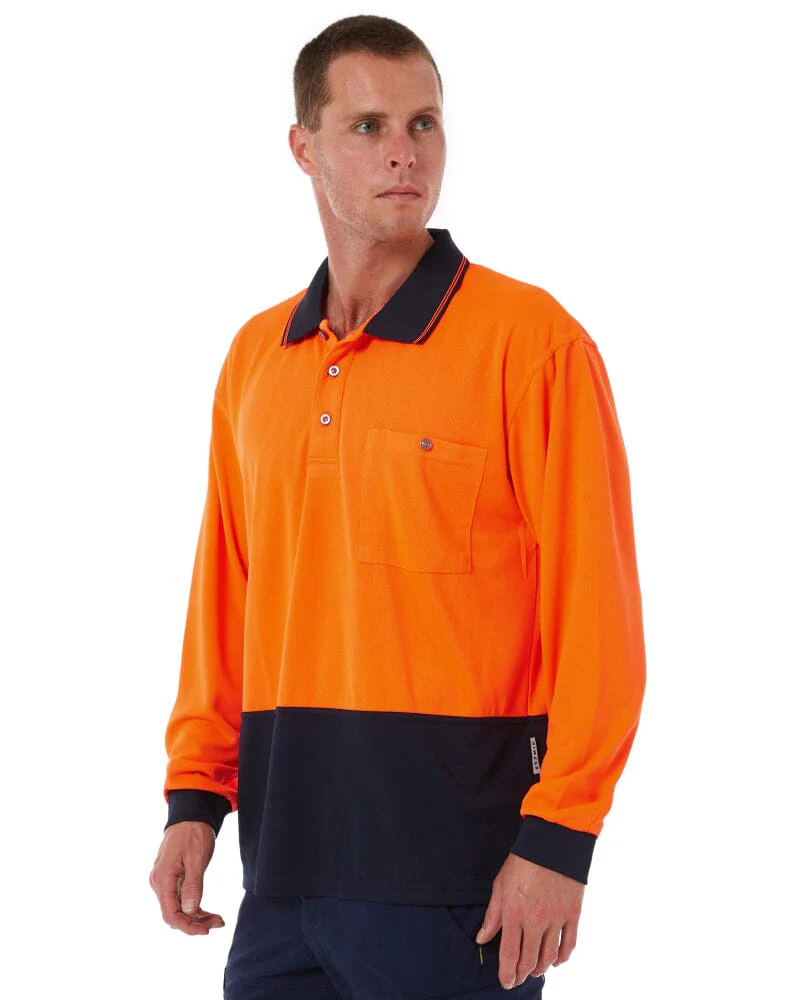 Hi Vis Basic Long Sleeve Polo - Orange/Navy - Image 3
