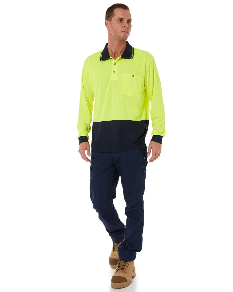 Hi Vis Basic Long Sleeve Polo - Yellow/Navy - Image 2