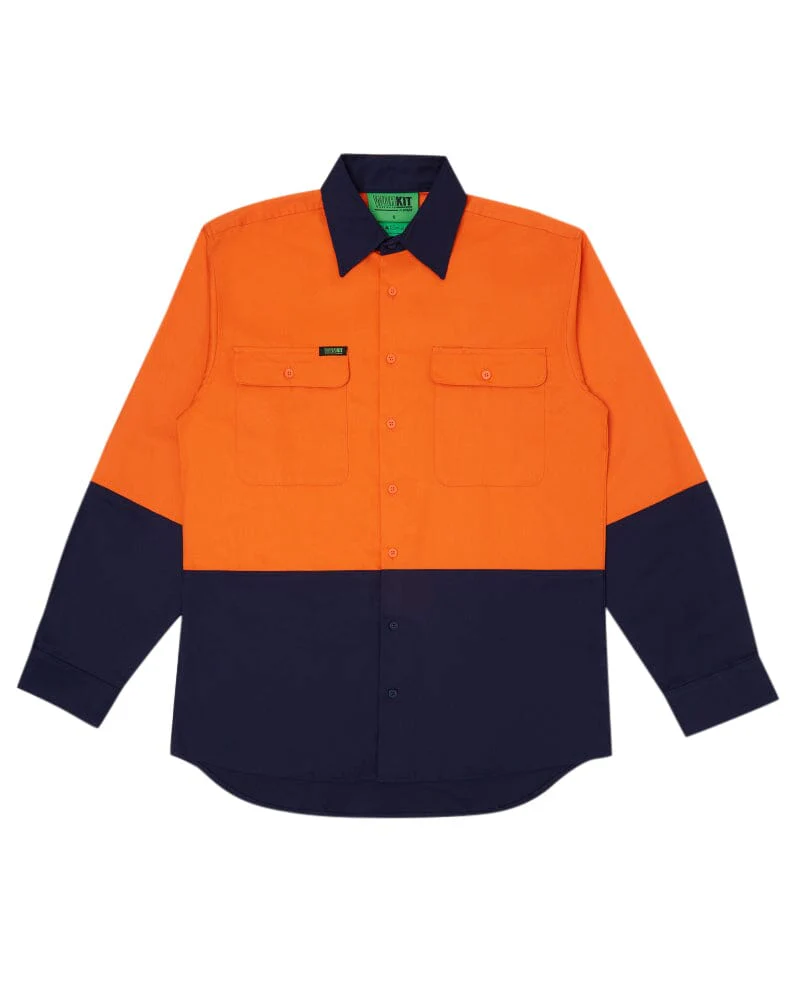 Tradies Hi Vis Cotton Drill Shirt LS 3 Value Pack - Orange/Navy - Image 2