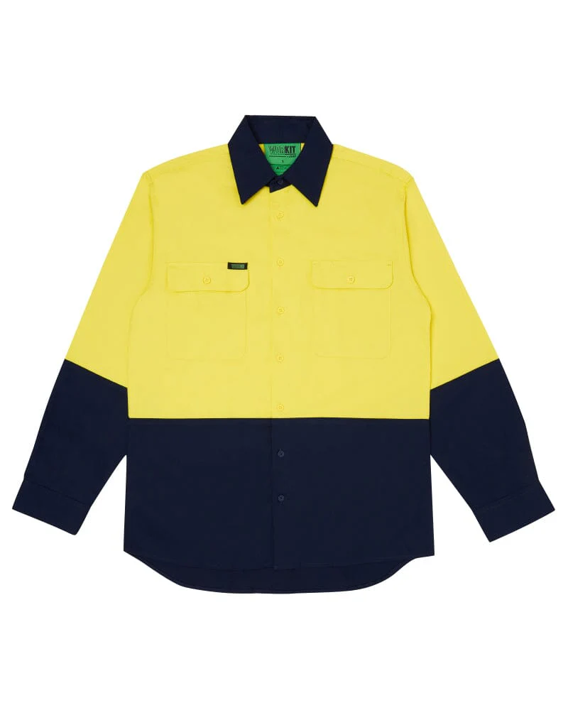 Tradies Hi Vis Cotton Drill Shirt LS 3 Value Pack - Yellow/Navy - Image 2