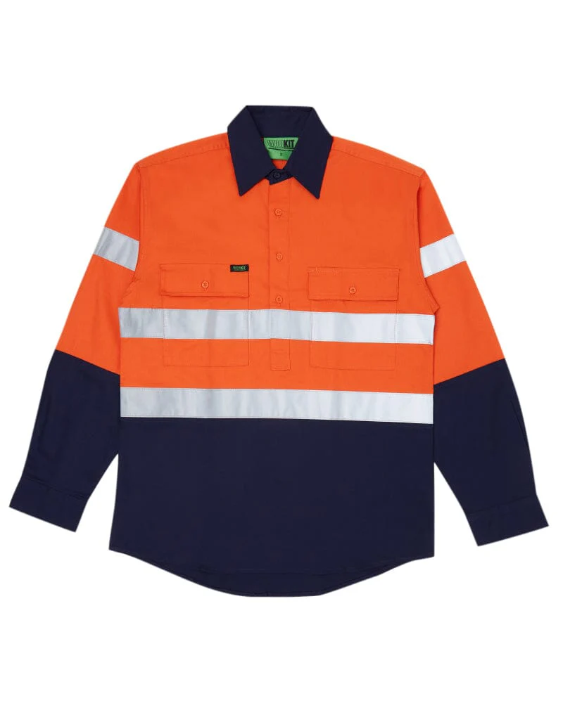 Tradies Hi Vis Taped Closed Front Cotton Drill Shirt LS 3 Value Pack - Orange/Navy - Image 2
