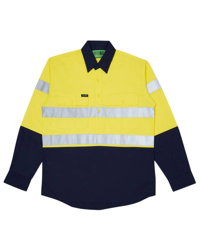 Hi Vis Taped Closed Front Cotton Drill Shirt LS - Yellow/Navy