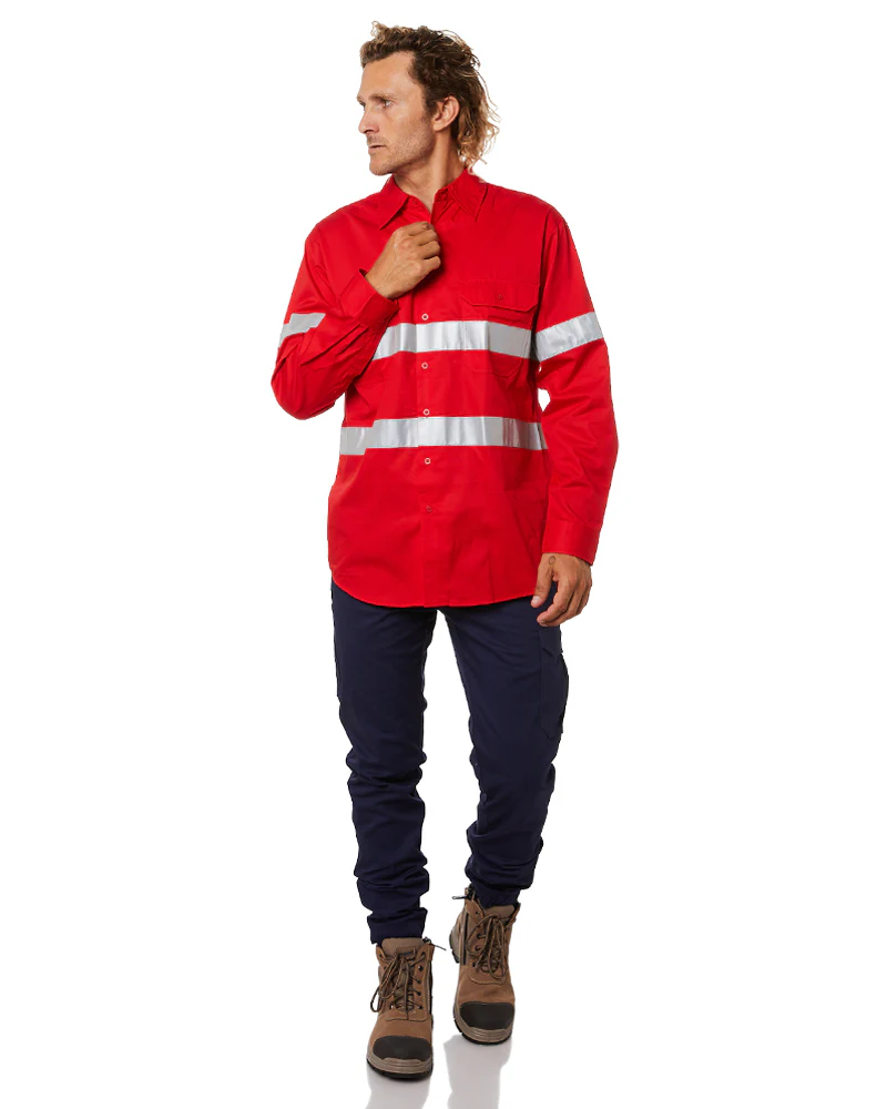 Hi Vis Taped Lightweight Cotton Shirt LS - Red - Image 2