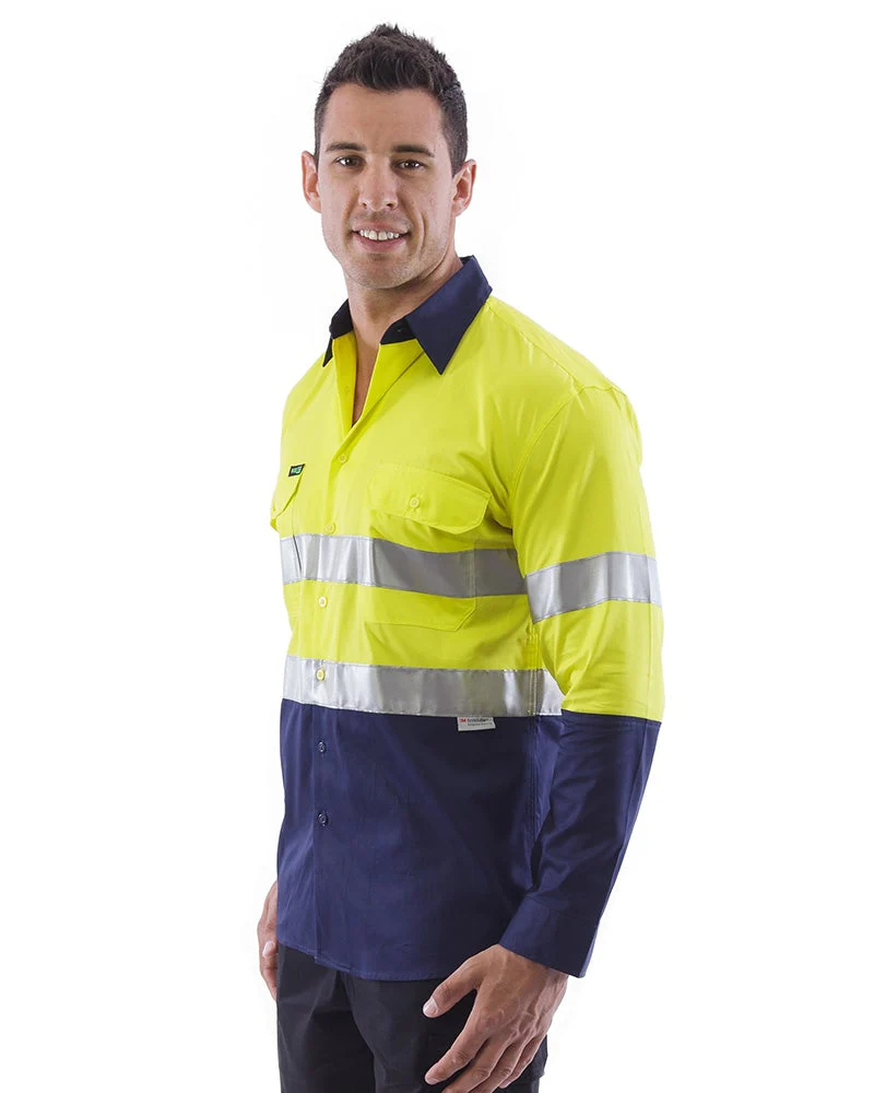 Hi Vis Taped Lightweight Cotton Shirt LS - Yellow/Navy - Image 2