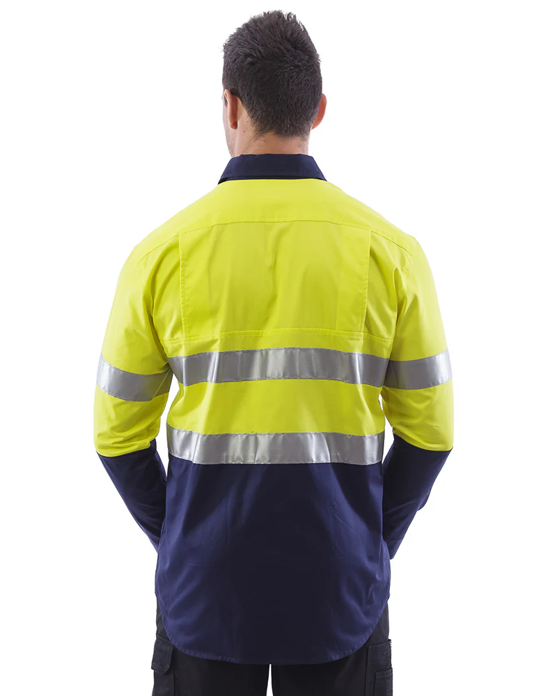 Hi Vis Taped Lightweight Cotton Shirt LS - Yellow/Navy - Image 3