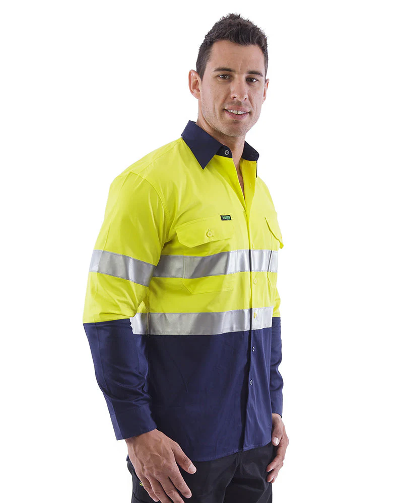 Hi Vis Taped Lightweight Cotton Shirt LS - Yellow/Navy - Image 4