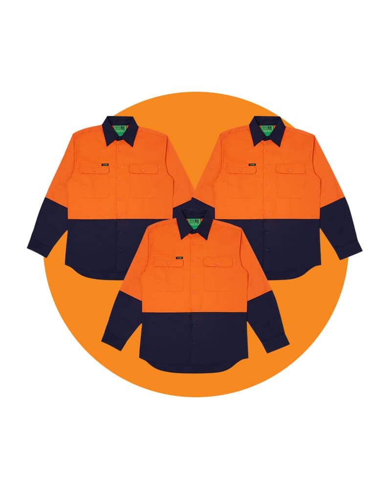 Tradies Hi Vis Cotton Drill Shirt LS 3 Value Pack - Orange/Navy