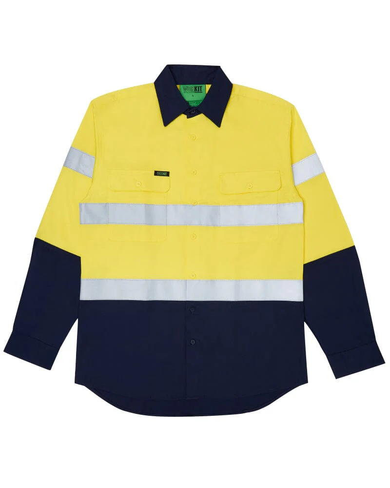 Tradies Hi Vis Taped Cotton Drill Shirt LS 3 Value Pack - Yellow/Navy - Image 2