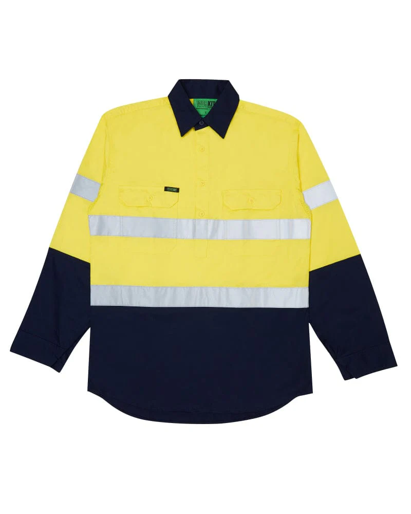 Tradies Hi Vis Taped Lightweight Closed Front Shirt LS 3 Value Pack - Yellow/Navy - Image 2