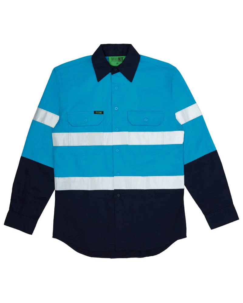 Tradies Hi Vis Taped Lightweight Cotton Shirt LS 3 Value Pack - Blue/Navy - Image 2