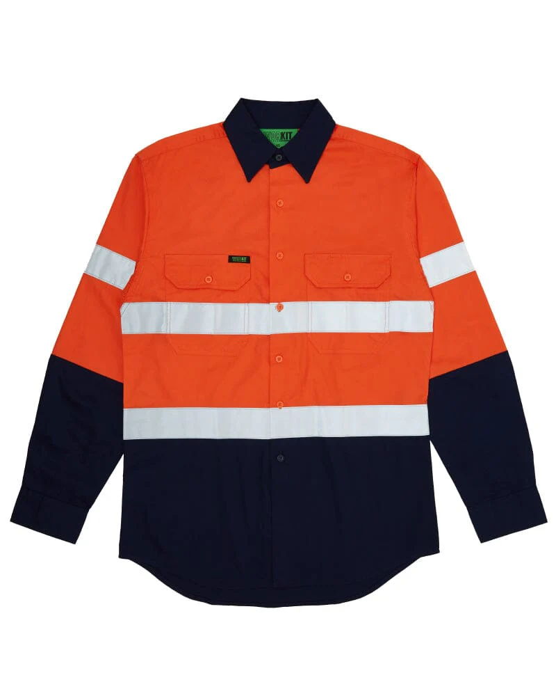Tradies Hi Vis Taped Lightweight Cotton Shirt LS 3 Value Pack - Orange/Navy - Image 2