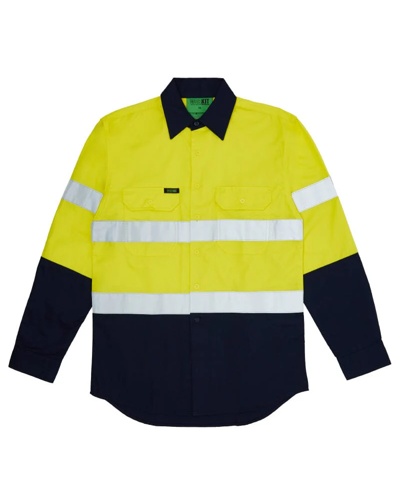 Tradies Hi Vis Taped Lightweight Cotton Shirt LS 3 Value Pack - Yellow/Navy - Image 2