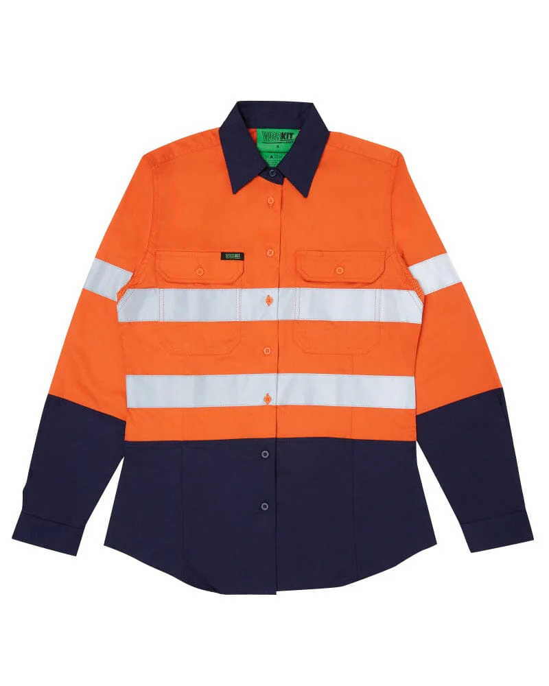 Tradies Womens LS Hi Vis Lightweight Taped Cotton Shirt 3 Value Pack - Orange/Navy - Image 2