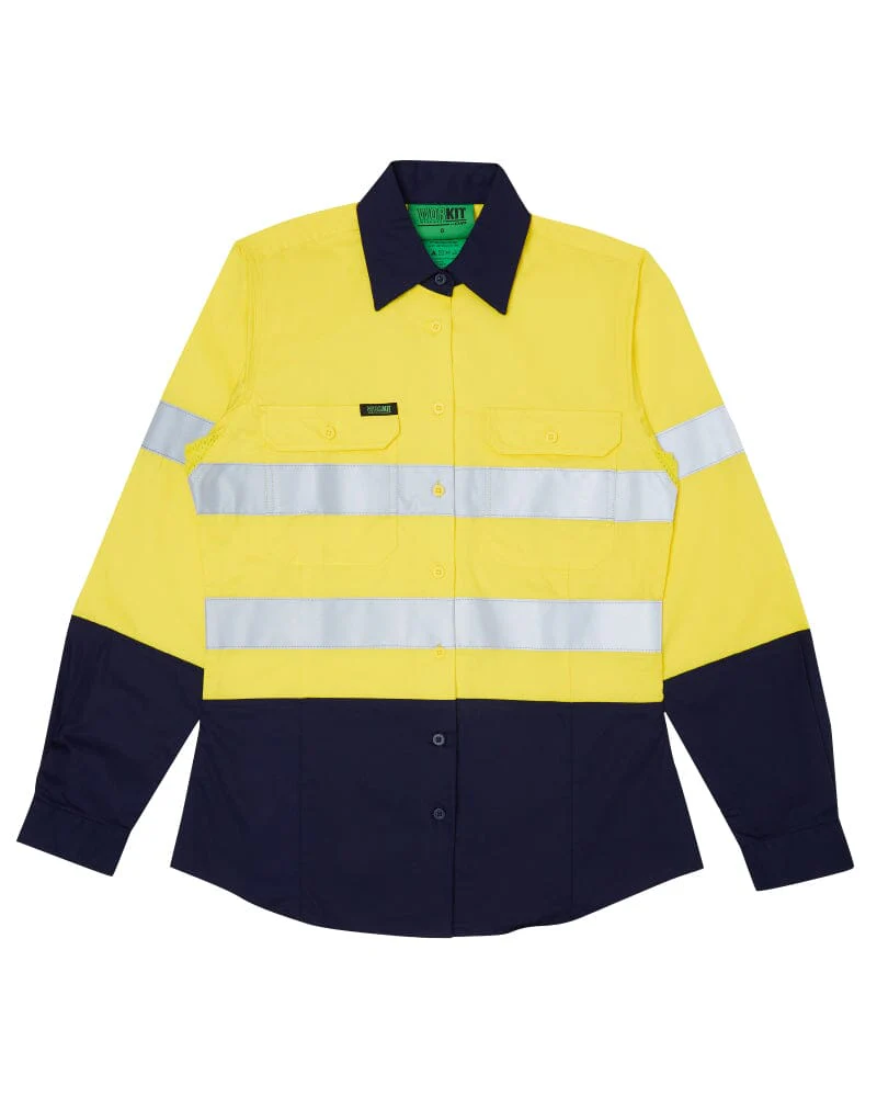 Womens LS Hi Vis Lightweight Taped Cotton Shirt - Yellow/Navy